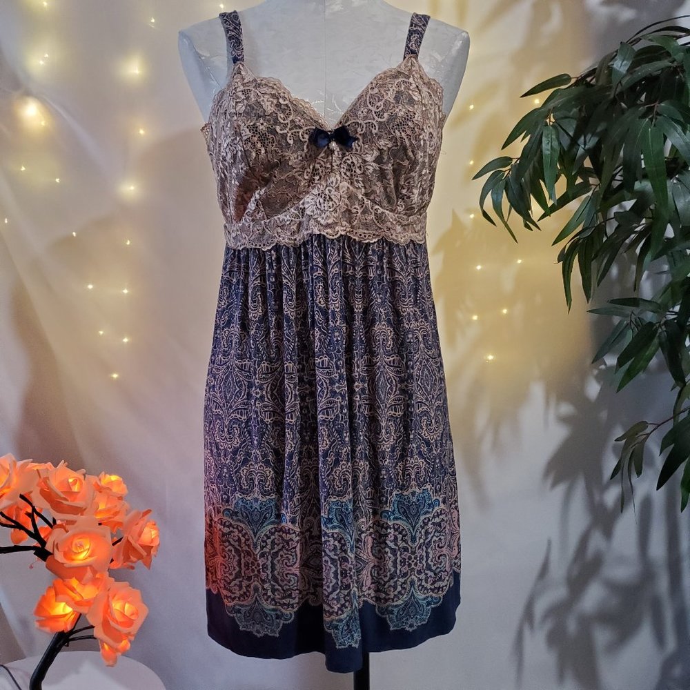 Soma Lace Boho Flowy Blue Pearl Rhinestone Chemise Nightgown Dress EUC